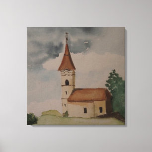 Waterverf middeleeuwse kerk canvas afdruk
