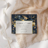 Waterverf Middernachtblauw Gouden Bloemige Trouw Folie Uitnodiging
