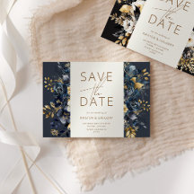 Waterverf Midnight Blue Gold Floral Save The Date