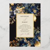 Waterverf Midnight Blue Goud Bloemen Bruiloft Folie Uitnodiging (Voorkant)