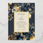 Waterverf Midnight Blue Goud Bloemen Bruiloft Folie Uitnodiging (Voorkant)