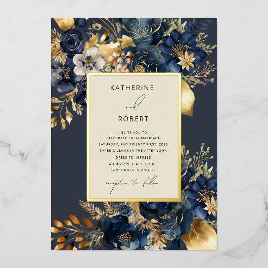Waterverf Midnight Blue Goud Bloemen Bruiloft Folie Uitnodiging (Voorkant)