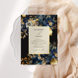 Waterverf Midnight Blue Goud Bloemen Bruiloft Folie Uitnodiging