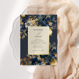 Waterverf Midnight Blue Goud Bloemen Bruiloft Folie Uitnodiging