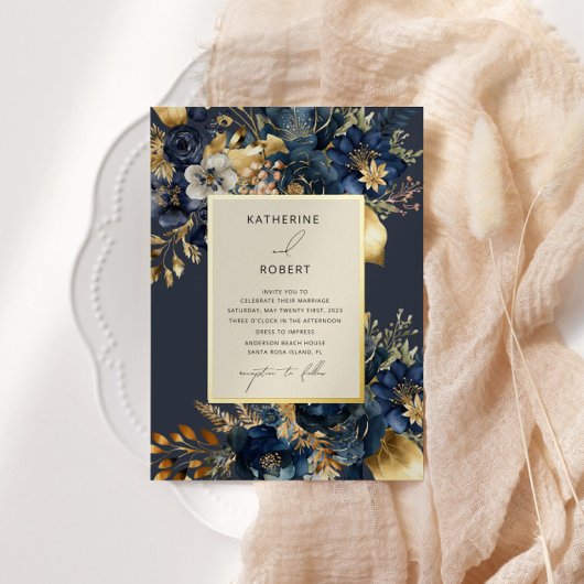 Waterverf Midnight Blue Goud Bloemen Bruiloft Folie Uitnodiging