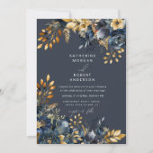 Waterverf Midnight Blue Goud Bloemen Bruiloft Kaart (Voorkant)