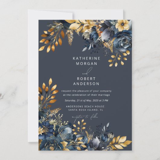 Waterverf Midnight Blue Goud Bloemen Bruiloft Kaart (Voorkant)