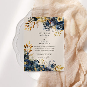Waterverf Midnight Blue Goud Bloemen Bruiloft Kaart