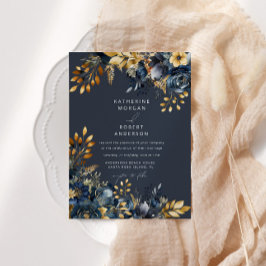 Waterverf Midnight Blue Goud Bloemen Bruiloft Kaart