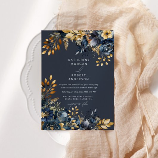 Waterverf Midnight Blue Goud Bloemen Bruiloft Kaart