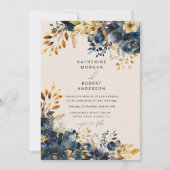 Waterverf Midnight Blue Goud Bloemen Bruiloft Kaart (Voorkant)