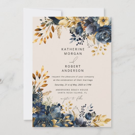 Waterverf Midnight Blue Goud Bloemen Bruiloft Kaart (Voorkant)