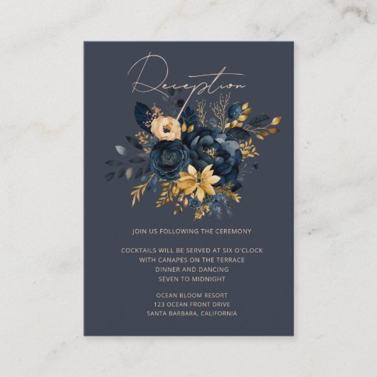 Waterverf Midnight Blue Goud Bloemen Receptie Informatiekaartje (Voorkant)