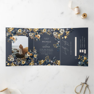 Waterverf Midnight Blue Gouden Bloemen Drieluik Uitnodiging