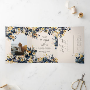 Waterverf Midnight Blue Gouden Bloemen Drieluik Uitnodiging