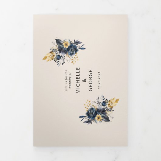 Waterverf Midnight Blue Gouden Bloemen Drieluik Uitnodiging (Cover)