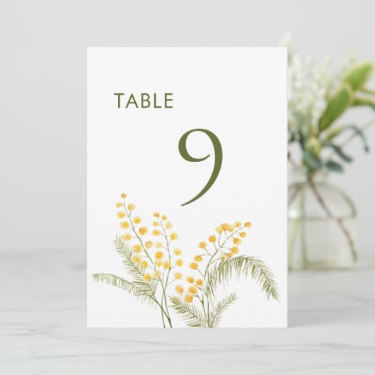 Waterverf mimosa bloemen trouwtafel nummer aankondiging (Staand voorkant)
