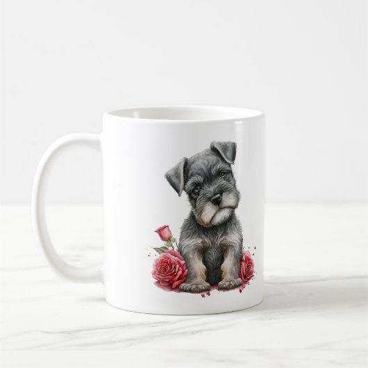 Waterverf miniatuur Schnauzer met rode rozen Koffiemok (Links)