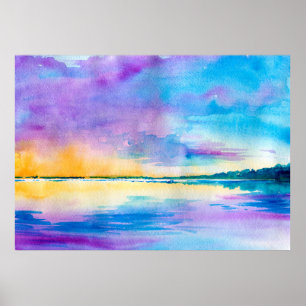 Waterverf minimalistisch abstract landschap: zee, poster