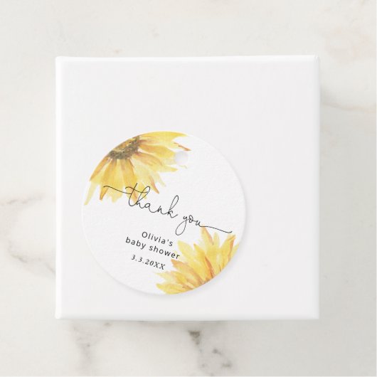 Waterverf minimalistisch zonnebloem baby shower bedankjes labels (In situ)
