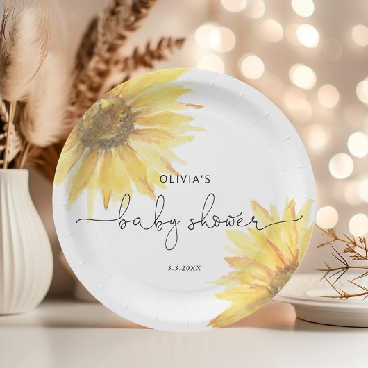 Waterverf minimalistisch zonnebloem baby shower papieren bordje