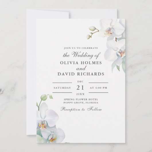 Waterverf minimalistische witte orchidee bruiloft kaart (Voorkant)