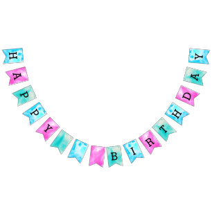 Waterverf Mint Aqua en Roze Birthday Vlaggetjes