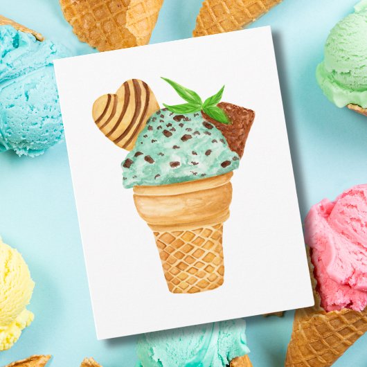 Waterverf Mint Chocolade Chip Ice Cream Verjaardag Kaart