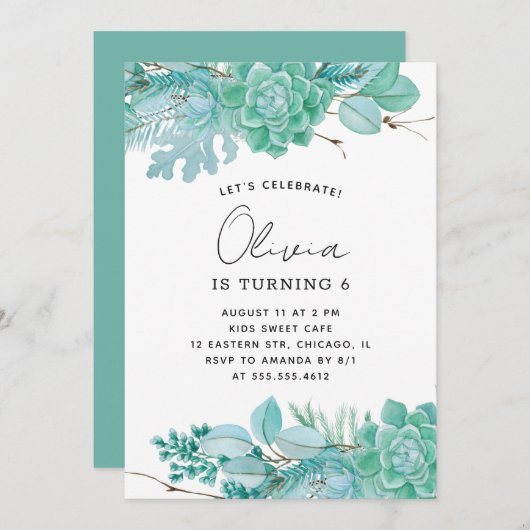 Waterverf mint floral succulents kaart (Voorkant / Achterkant)