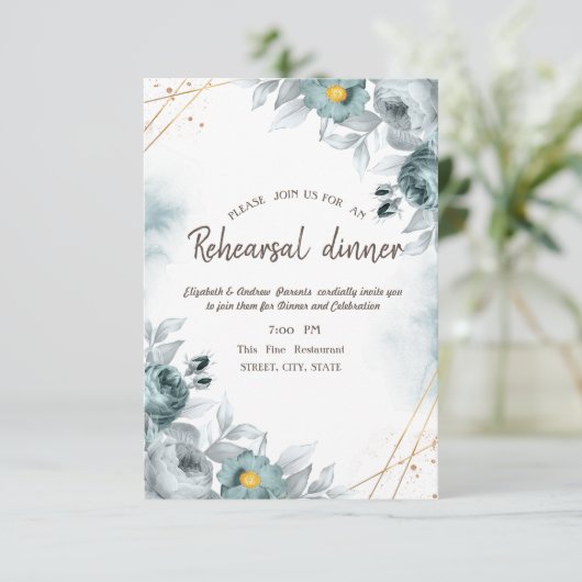 Waterverf Mint Green Rozen Rehearsal Dinner Kaart (Staand voorkant)
