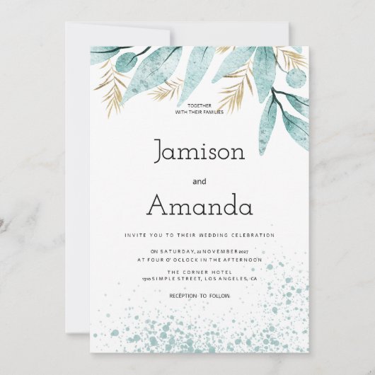 Waterverf mint groen gouden gebladerte bruiloft kaart (Voorkant)