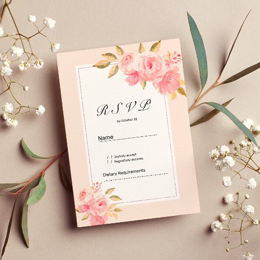 Waterverf mint pastelroze bloem-RSVP Kaart