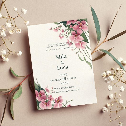 Waterverf mint roze orchidee bloemige bruiloft kaart
