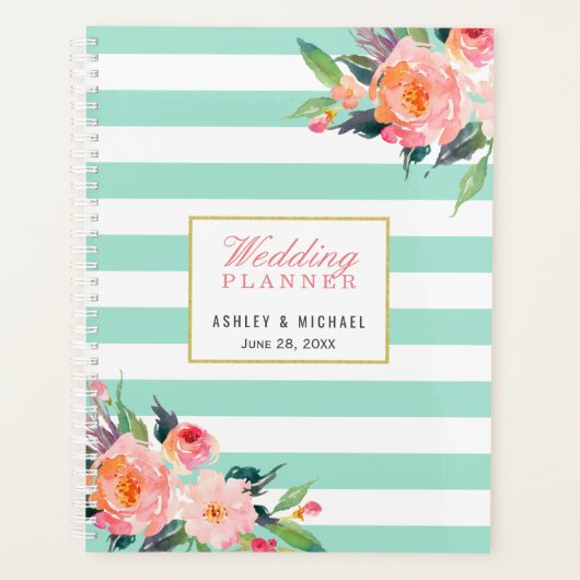 Waterverf Mint Stripes Floral Wedding Planner (Voorkant)