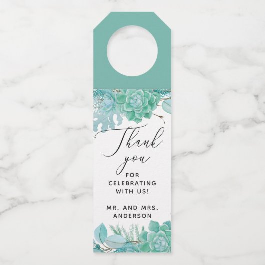 Waterverf mint suculents bruiloft bedankt flessenhanger (Voorkant)