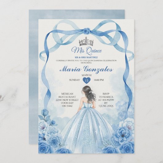 Waterverf Mis Quince Dusty Blue Quinceañera Kaart (Voorkant / Achterkant)