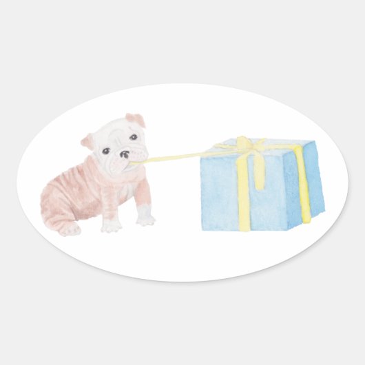 Waterverf Mischievous Puppy met Verjaardagscadeau Ovale Sticker (Voorkant)