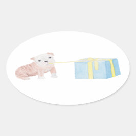 Waterverf Mischievous Puppy met Verjaardagscadeau Ovale Sticker