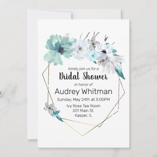 Waterverf Mist Blauw Grijs Blauwgroen Bloemen Goud Kaart (Voorkant)