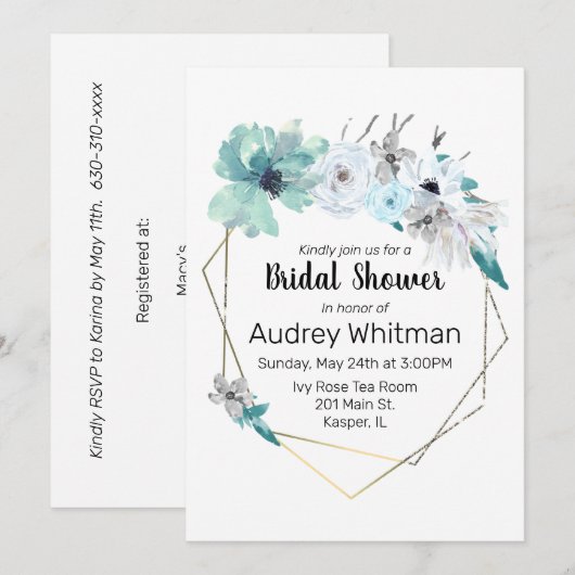 Waterverf Mist Blauw Grijs Blauwgroen Bloemen Goud Kaart (Voorkant / Achterkant)