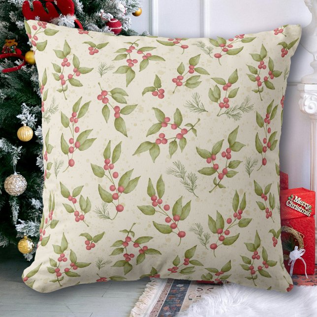 Waterverf Mistletoe Berries Kerst Kussen (Creator heeft geüpload)