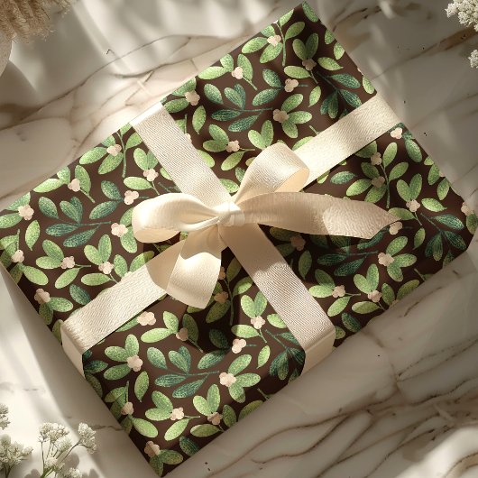 Waterverf Mistletoe Elegant Bruin Bloemenvakantie Cadeaupapier