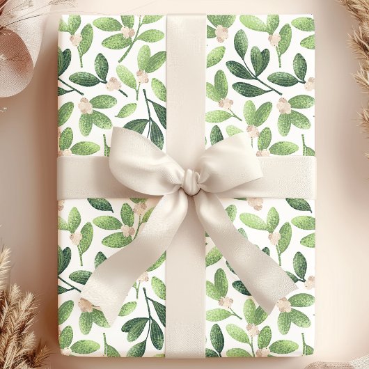 Waterverf Mistletoe Elegant Green Floral Holiday Cadeaupapier