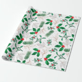 Waterverf Mistletoe en Pine Branch Cadeaupapier (Uitgerold)