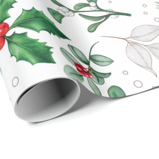 Waterverf Mistletoe en Pine Branch Cadeaupapier (Rol Hoek)