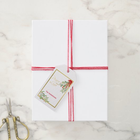Waterverf Mistletoe & Gold | Aangepaste feestdag Cadeaulabel (Met Touw)