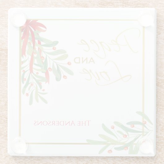 Waterverf Mistletoe & Gold | Aangepaste feestdag Glazen Onderzetter (Achterkant)