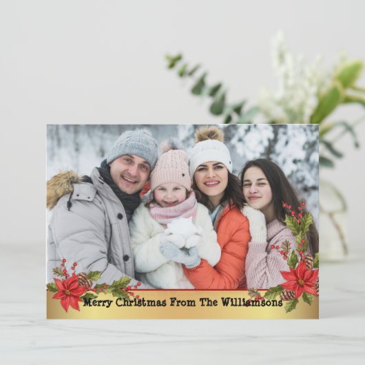 Waterverf Mistletoe Gold kerstfoto Feestdagenkaart (Staand voorkant)