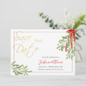 Waterverf Mistletoe & Gold | Vakantieduur Save The Date (Staand voorkant)