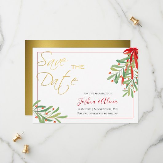 Waterverf Mistletoe & Gold | Vakantieduur Save The Date (Voorkant / Achterkant in situ)